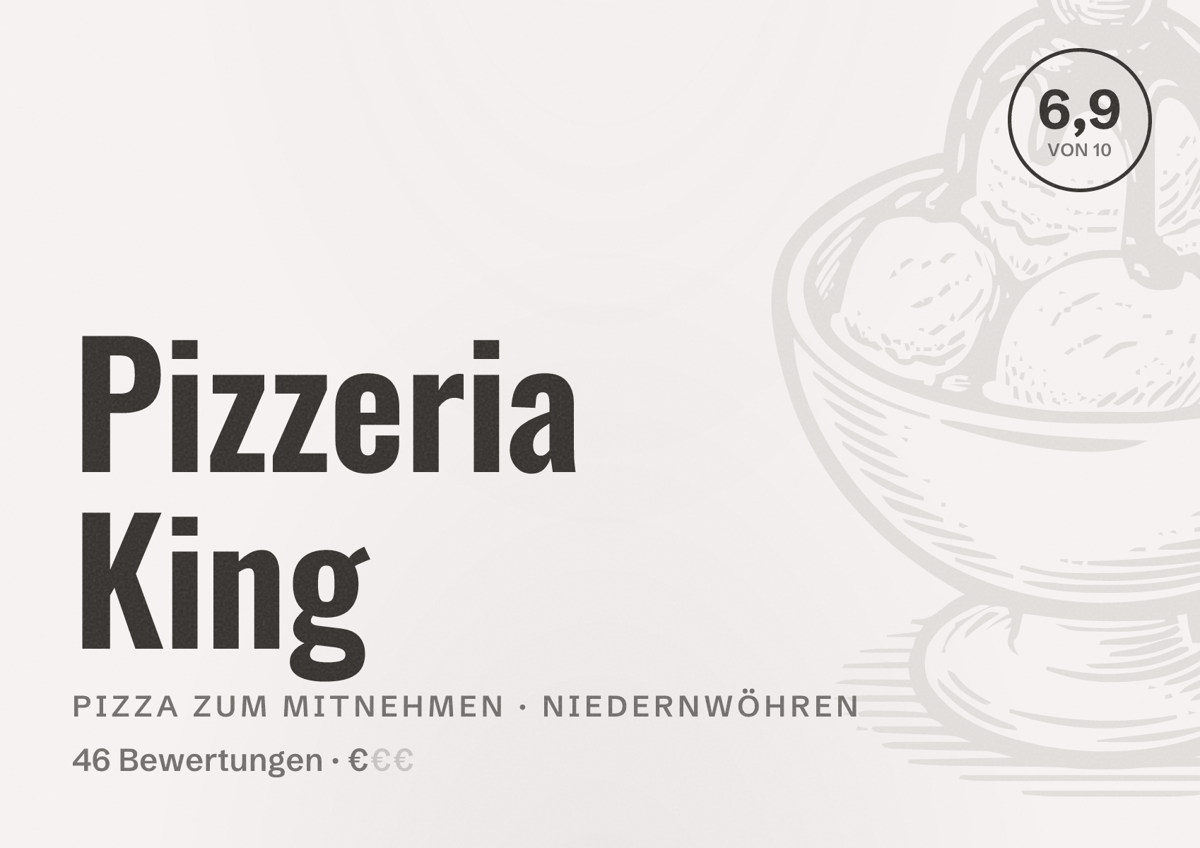 Illustriertes Poster von Pizzeria King, Pizza zum Mitnehmen in Niedernwöhren: Bewertung 6,9 von 10 aus 46 Bewertungen, Preisniveau €