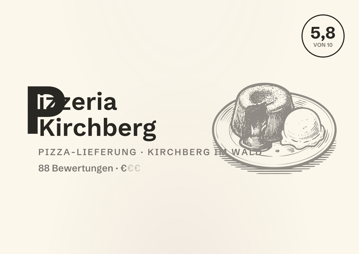 Illustriertes Poster von Pizzeria Kirchberg, Pizza-Lieferung in Kirchberg im Wald: Bewertung 5,8 von 10 aus 88 Bewertungen, Preisniveau €