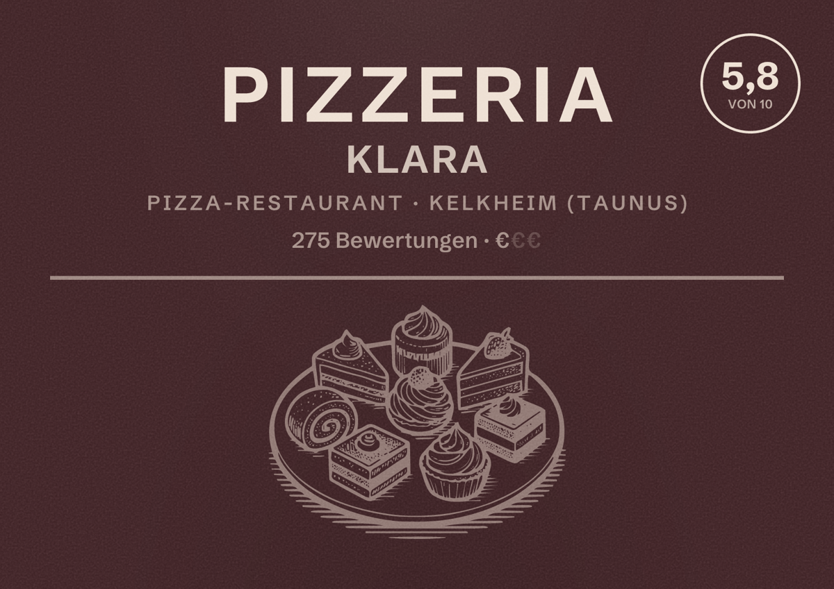 Illustriertes Poster von Pizzeria Klara, Pizza-Restaurant in Kelkheim (Taunus): Bewertung 5,8 von 10 aus 275 Bewertungen, Preisniveau €
