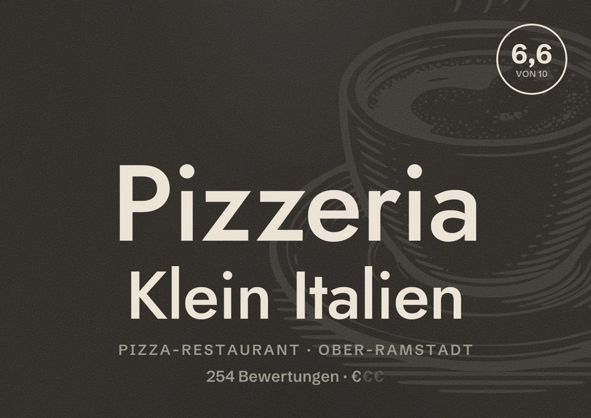Illustriertes Poster von Pizzeria Klein Italien, Pizza-Restaurant in Ober-Ramstadt: Bewertung 6,6 von 10 aus 254 Bewertungen, Preisniveau €