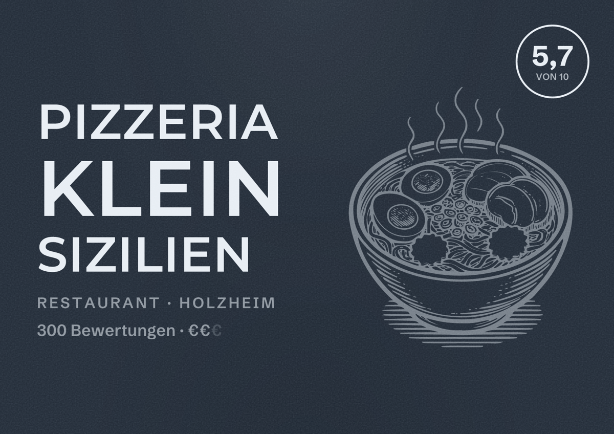 Illustriertes Poster von Pizzeria Klein Sizilien, Restaurant in Holzheim: Bewertung 5,7 von 10 aus 300 Bewertungen, Preisniveau €€