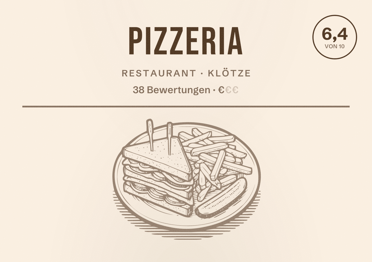 Illustriertes Poster von Pizzeria, Restaurant in Klötze: Bewertung 6,4 von 10 aus 38 Bewertungen, Preisniveau €