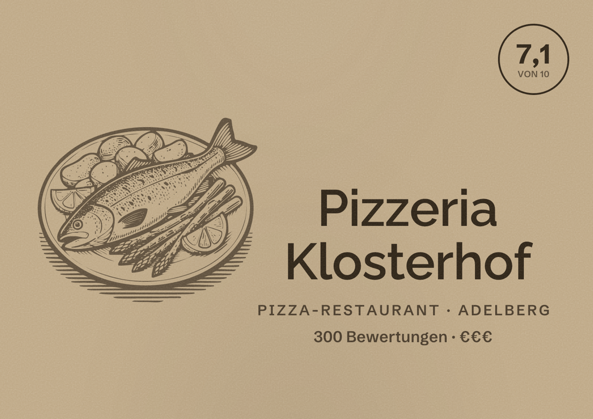 Illustriertes Poster von Pizzeria Klosterhof, Pizza-Restaurant in Adelberg: Bewertung 7,1 von 10 aus 300 Bewertungen, Preisniveau €€€