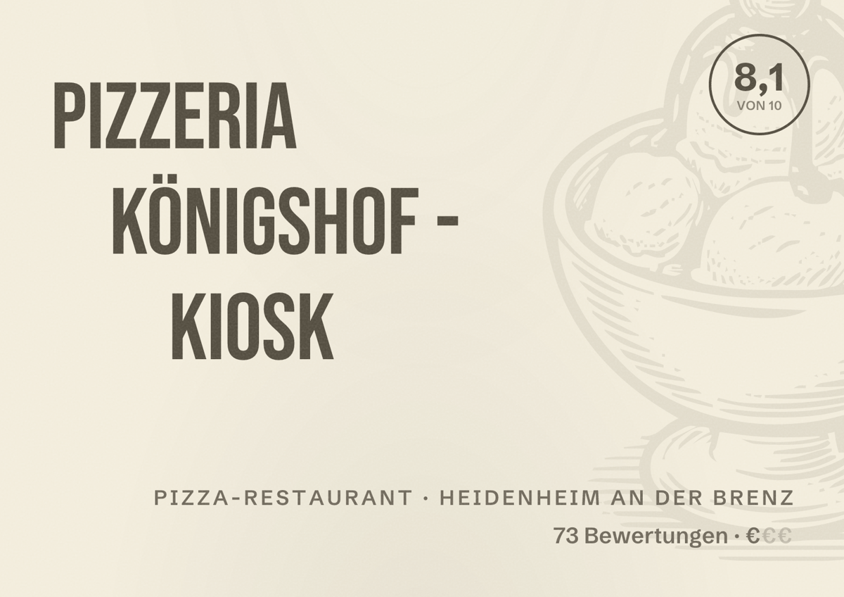 Illustriertes Poster von Pizzeria Königshof - Kiosk, Pizza-Restaurant in Heidenheim an der Brenz: Bewertung 8,1 von 10 aus 73 Bewertungen, Preisniveau €