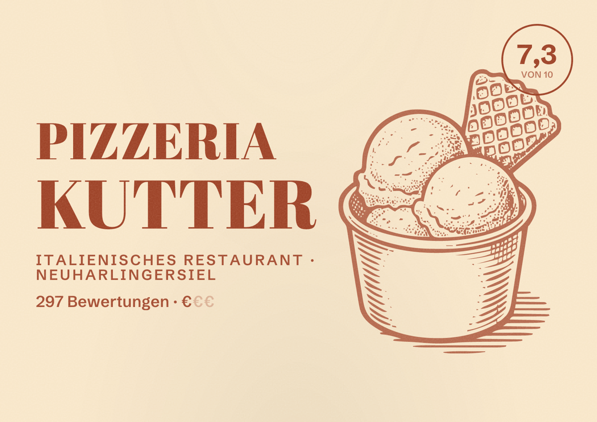 Illustriertes Poster von Pizzeria Kutter, Italienisches Restaurant in Neuharlingersiel: Bewertung 7,3 von 10 aus 297 Bewertungen, Preisniveau €