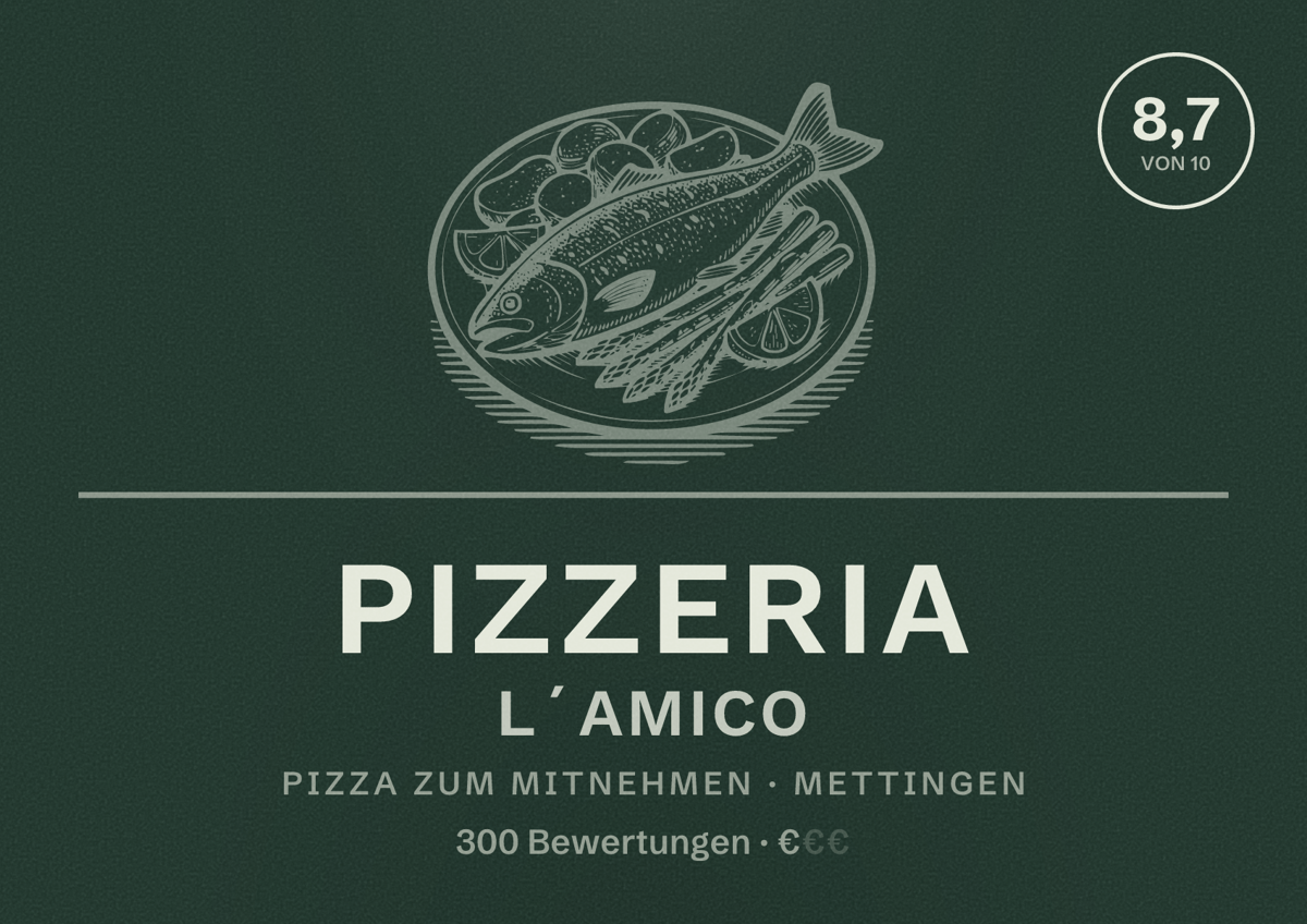 Illustriertes Poster von Pizzeria L´AMICO, Pizza zum Mitnehmen in Mettingen: Bewertung 8,7 von 10 aus 300 Bewertungen, Preisniveau €