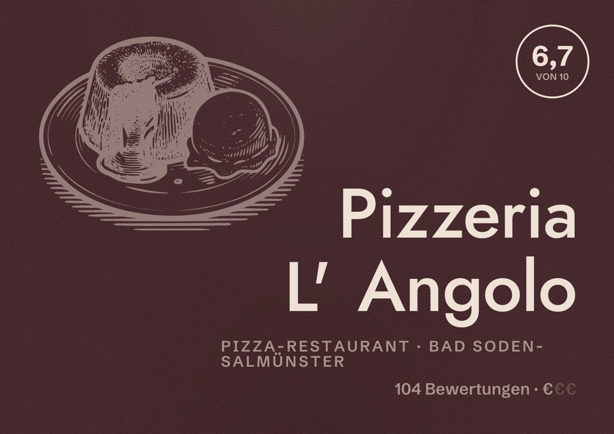 Illustriertes Poster von Pizzeria L' Angolo, Pizza-Restaurant in Bad Soden-Salmünster: Bewertung 6,7 von 10 aus 104 Bewertungen, Preisniveau €
