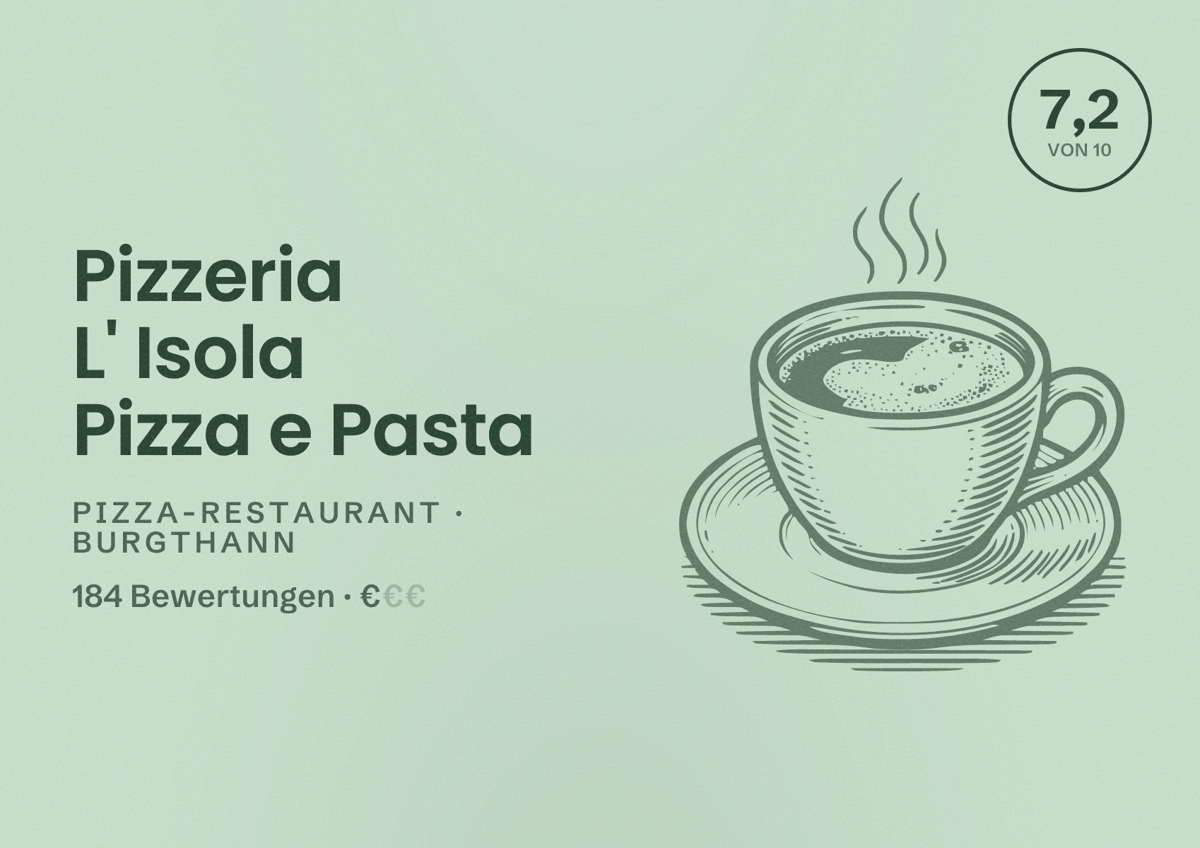 Illustriertes Poster von Pizzeria L' Isola Pizza e Pasta, Pizza-Restaurant in Burgthann: Bewertung 7,2 von 10 aus 184 Bewertungen, Preisniveau €