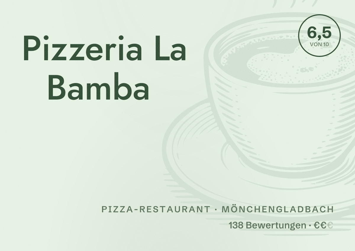 Illustriertes Poster von Pizzeria La Bamba, Pizza-Restaurant in Mönchengladbach: Bewertung 6,5 von 10 aus 138 Bewertungen, Preisniveau €€