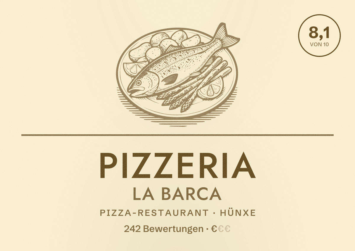 Illustriertes Poster von Pizzeria La Barca, Pizza-Restaurant in Hünxe: Bewertung 8,1 von 10 aus 242 Bewertungen, Preisniveau €
