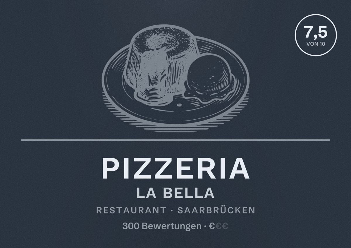 Illustriertes Poster von Pizzeria La Bella, Restaurant in Saarbrücken: Bewertung 7,5 von 10 aus 300 Bewertungen, Preisniveau €