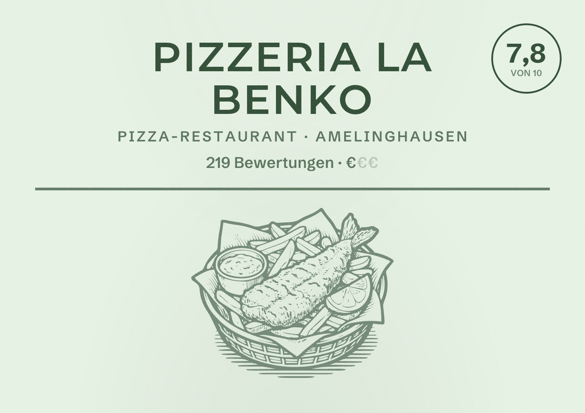 Illustriertes Poster von Pizzeria La Benko, Pizza-Restaurant in Amelinghausen: Bewertung 7,8 von 10 aus 219 Bewertungen, Preisniveau €