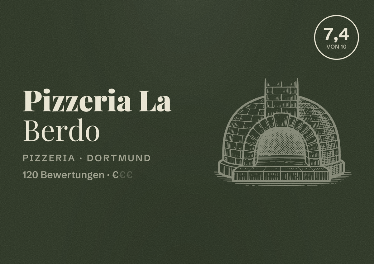 Illustriertes Poster von Pizzeria La Berdo, Pizzeria in Dortmund: Bewertung 7,4 von 10 aus 120 Bewertungen, Preisniveau €