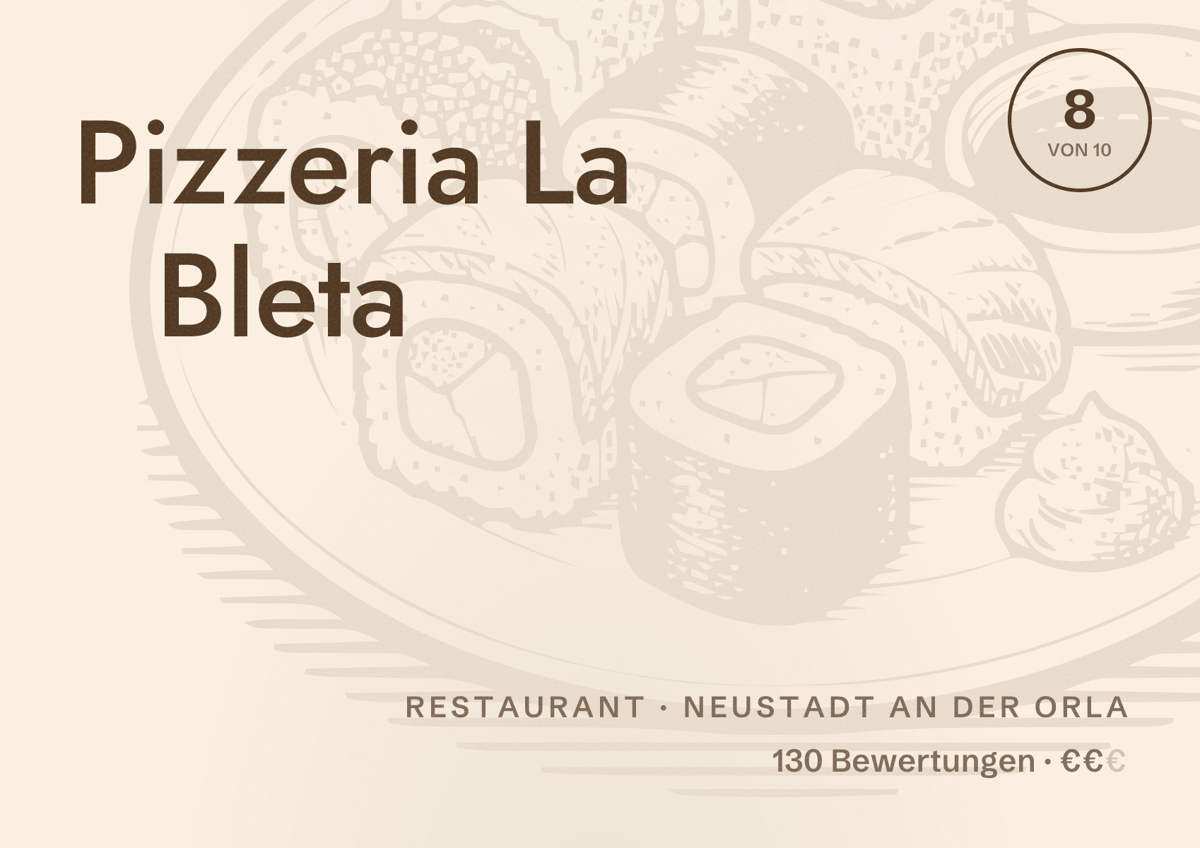 Illustriertes Poster von Pizzeria La Bleta, Restaurant in Neustadt an der Orla: Bewertung 8 von 10 aus 130 Bewertungen, Preisniveau €€