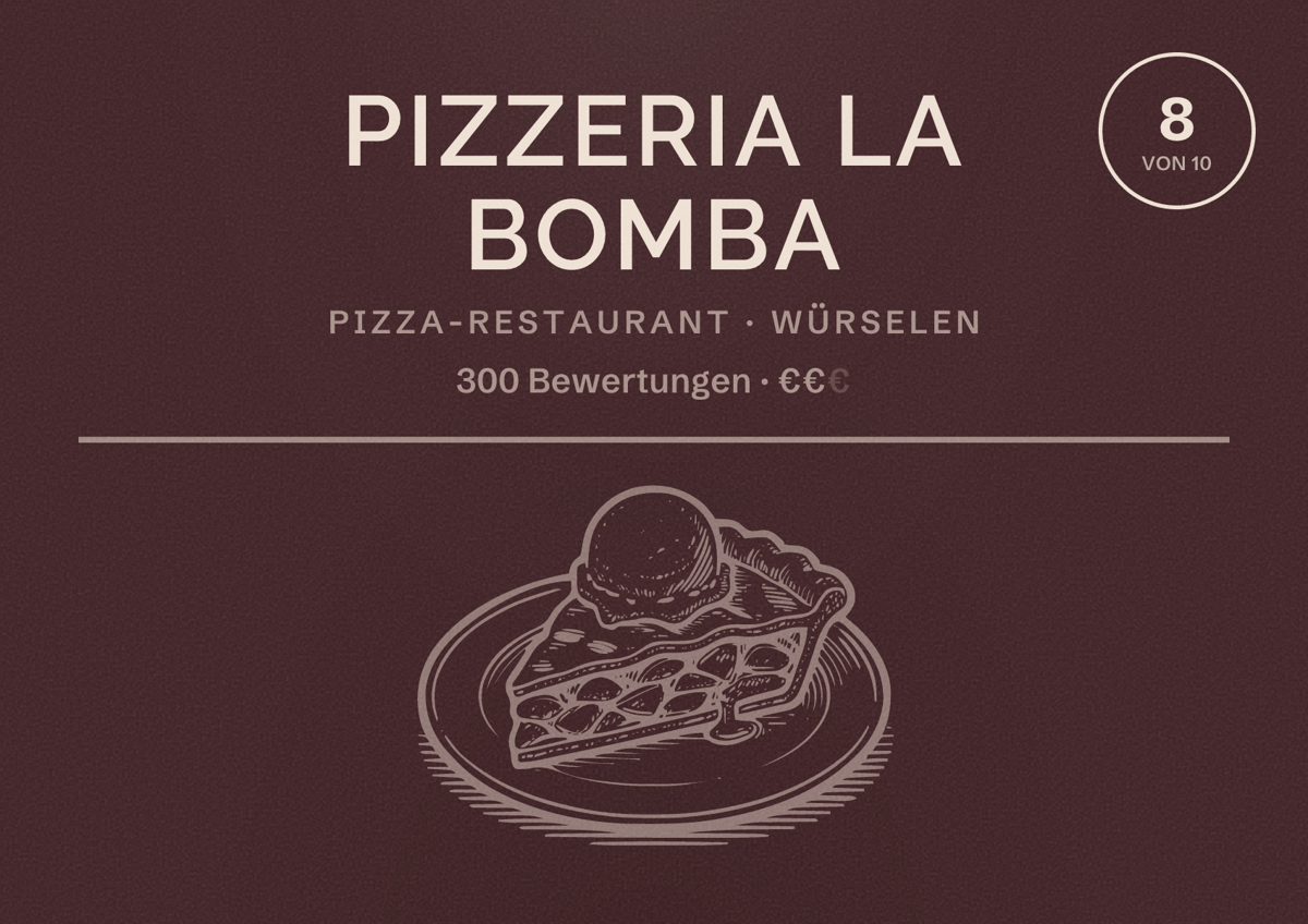 Illustriertes Poster von Pizzeria La Bomba, Pizza-Restaurant in Würselen: Bewertung 8 von 10 aus 300 Bewertungen, Preisniveau €€