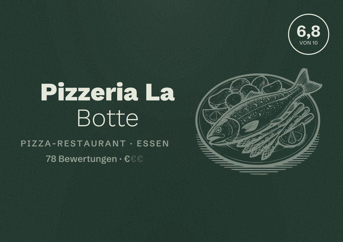 Illustriertes Poster von Pizzeria La Botte, Pizza-Restaurant in Essen: Bewertung 6,8 von 10 aus 78 Bewertungen, Preisniveau €