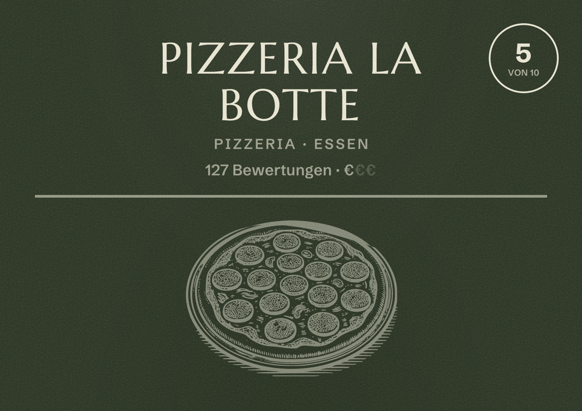 Illustriertes Poster von Pizzeria La Botte, Pizzeria in Essen: Bewertung 5 von 10 aus 127 Bewertungen, Preisniveau €