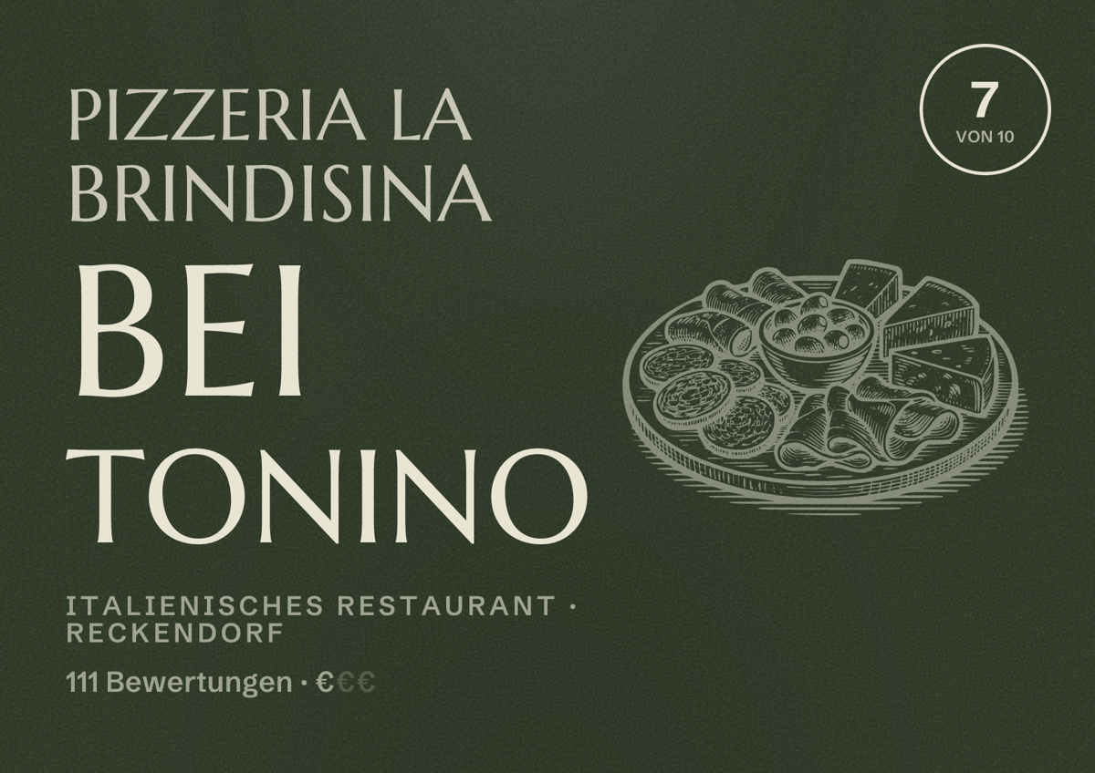 Illustriertes Poster von Pizzeria La Brindisina bei Tonino, Italienisches Restaurant in Reckendorf: Bewertung 7 von 10 aus 111 Bewertungen, Preisniveau €