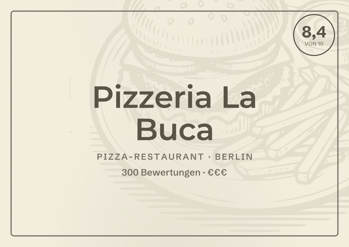 Illustriertes Poster von Pizzeria La Buca, Pizza-Restaurant in Berlin: Bewertung 8,4 von 10 aus 300 Bewertungen, Preisniveau €€€