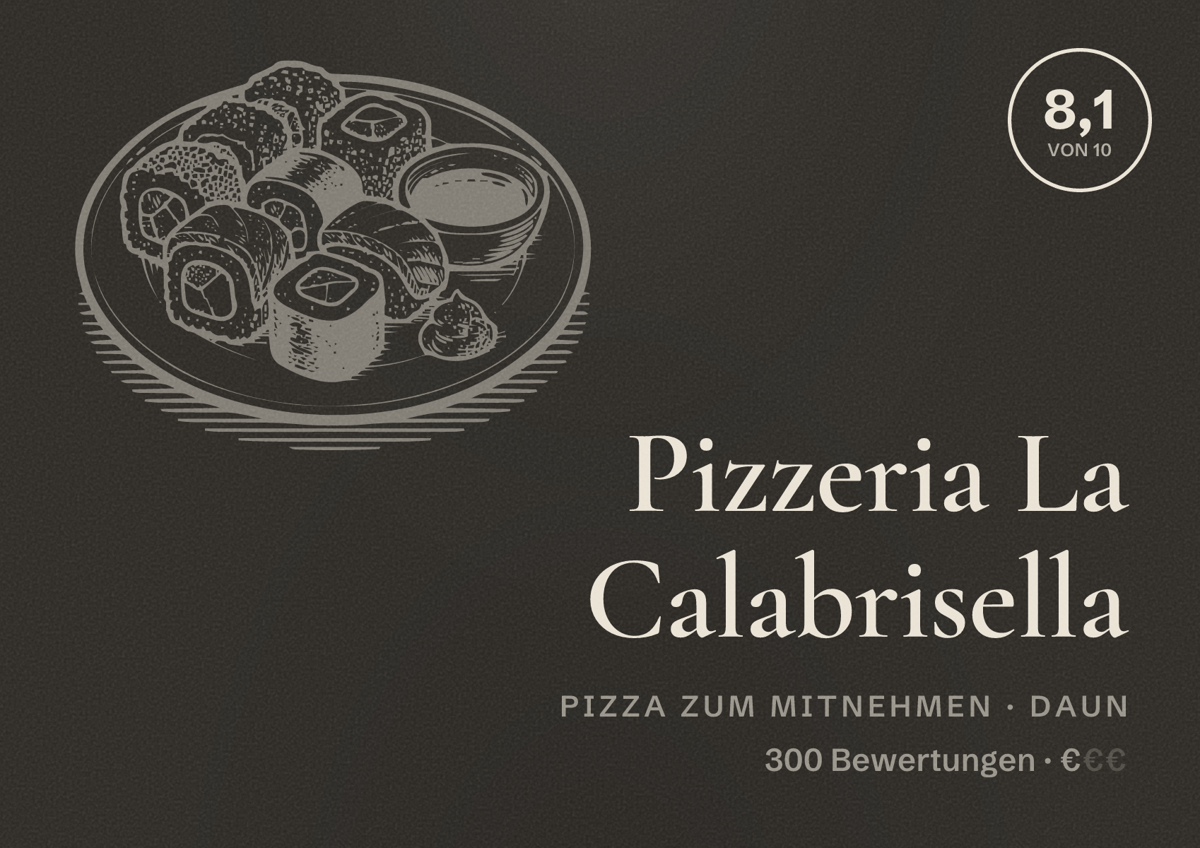 Illustriertes Poster von Pizzeria La Calabrisella, Pizza zum Mitnehmen in Daun: Bewertung 8,1 von 10 aus 300 Bewertungen, Preisniveau €