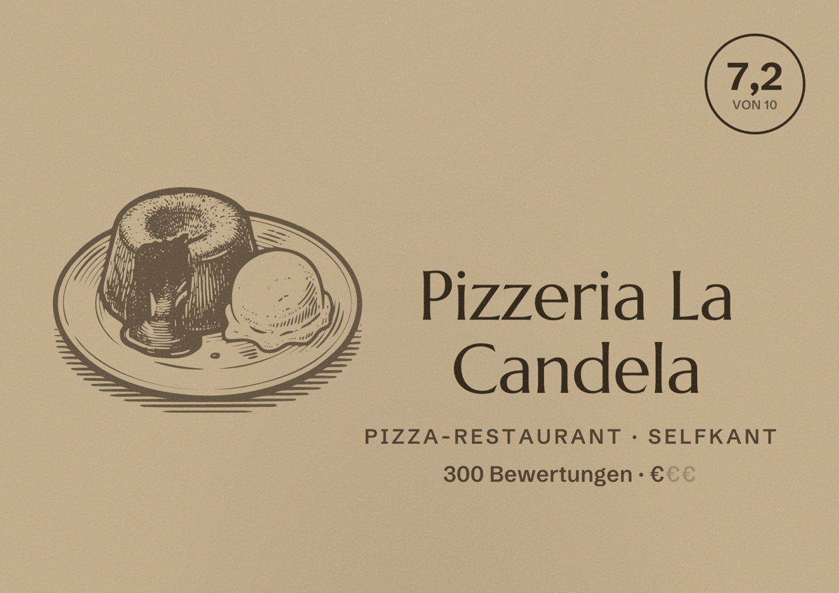 Illustriertes Poster von Pizzeria La Candela, Pizza-Restaurant in Selfkant: Bewertung 7,2 von 10 aus 300 Bewertungen, Preisniveau €