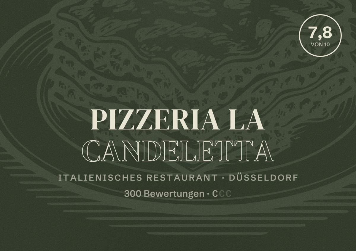 Illustriertes Poster von Pizzeria La Candeletta, Italienisches Restaurant in Düsseldorf: Bewertung 7,8 von 10 aus 300 Bewertungen, Preisniveau €