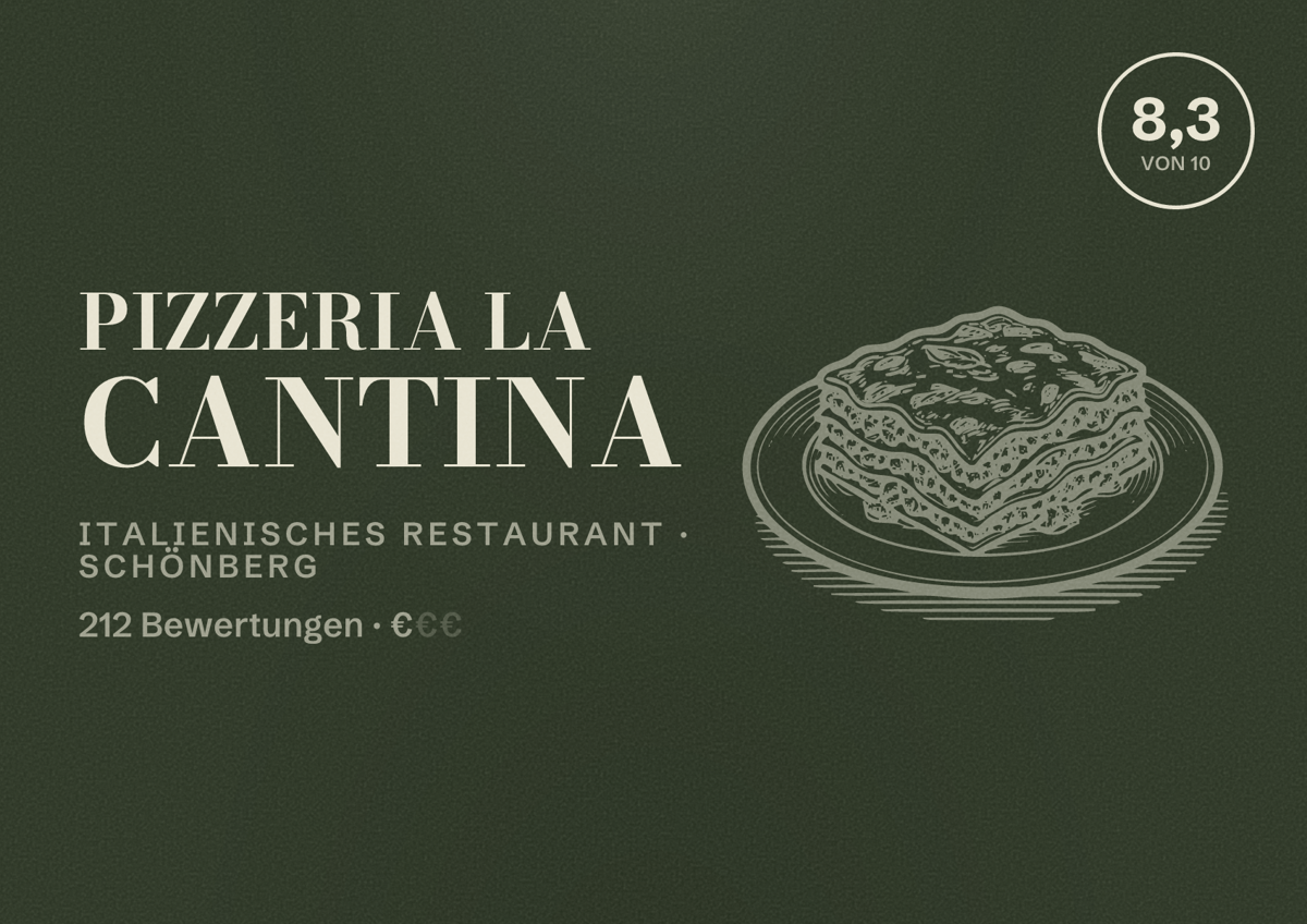 Illustriertes Poster von Pizzeria La Cantina, Italienisches Restaurant in Schönberg: Bewertung 8,3 von 10 aus 212 Bewertungen, Preisniveau €
