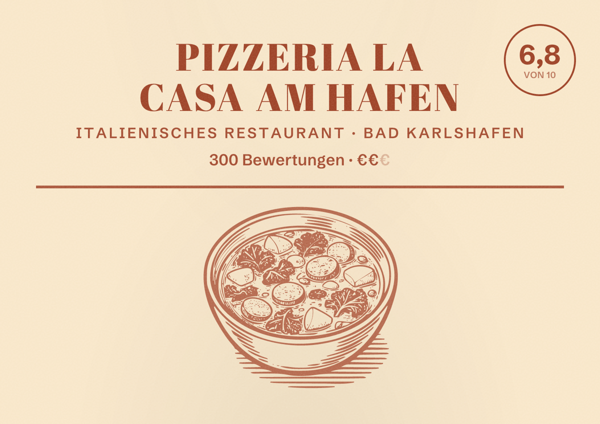 Illustriertes Poster von Pizzeria La Casa am Hafen, Italienisches Restaurant in Bad Karlshafen: Bewertung 6,8 von 10 aus 300 Bewertungen, Preisniveau €€