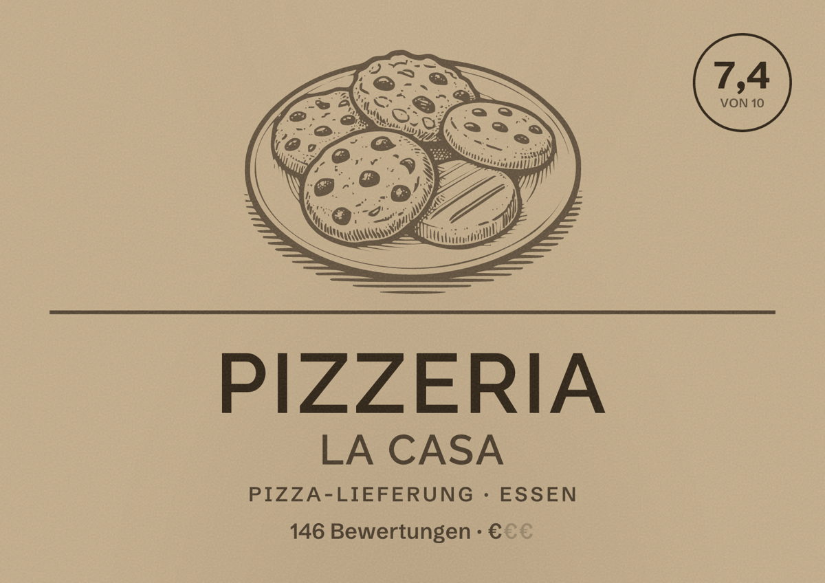 Illustriertes Poster von Pizzeria La Casa, Pizza-Lieferung in Essen: Bewertung 7,4 von 10 aus 146 Bewertungen, Preisniveau €