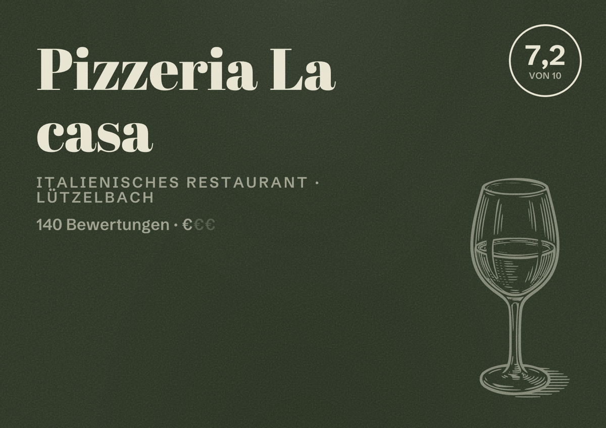Illustriertes Poster von Pizzeria La casa, Italienisches Restaurant in Lützelbach: Bewertung 7,2 von 10 aus 140 Bewertungen, Preisniveau €