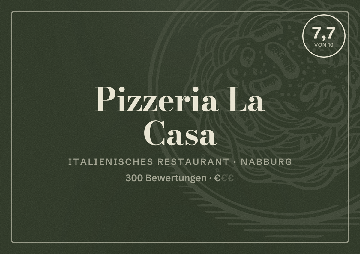 Illustriertes Poster von Pizzeria La Casa, Italienisches Restaurant in Nabburg: Bewertung 7,7 von 10 aus 300 Bewertungen, Preisniveau €
