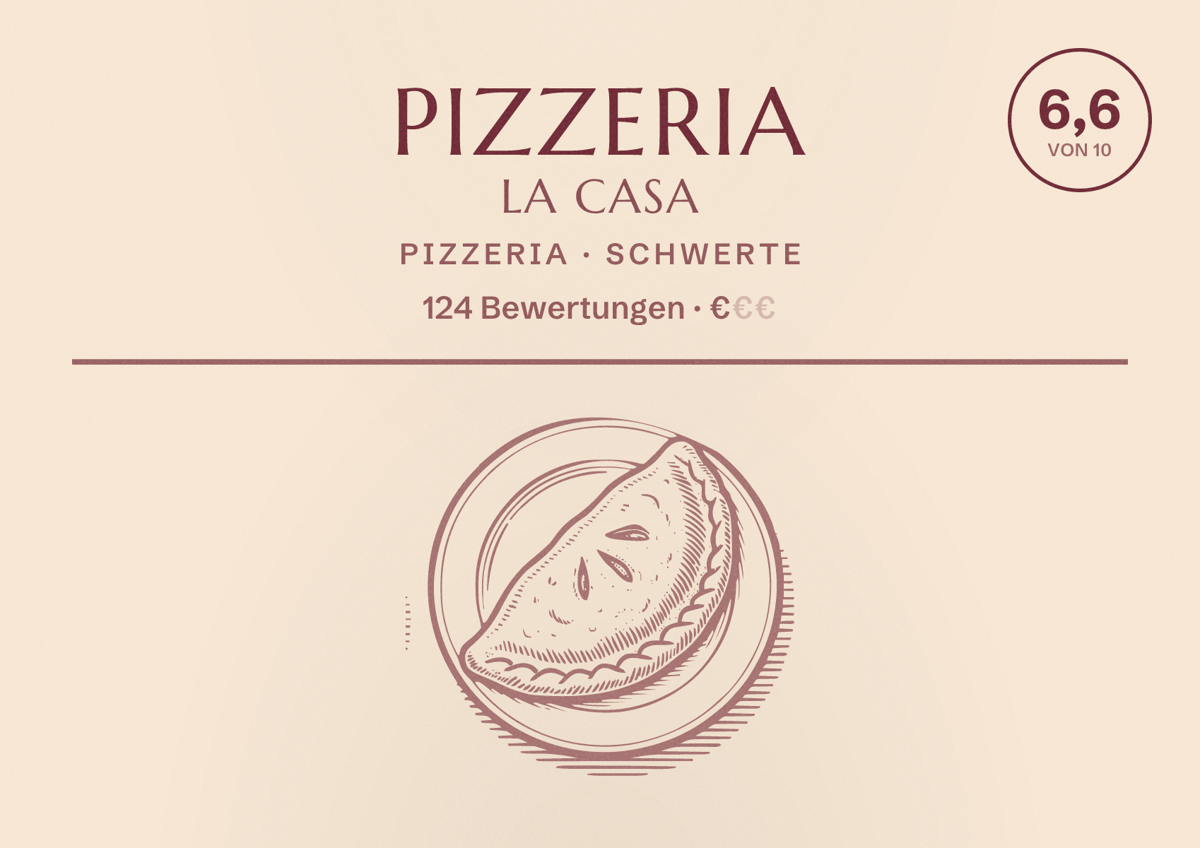 Illustriertes Poster von Pizzeria La Casa, Pizzeria in Schwerte: Bewertung 6,6 von 10 aus 124 Bewertungen, Preisniveau €