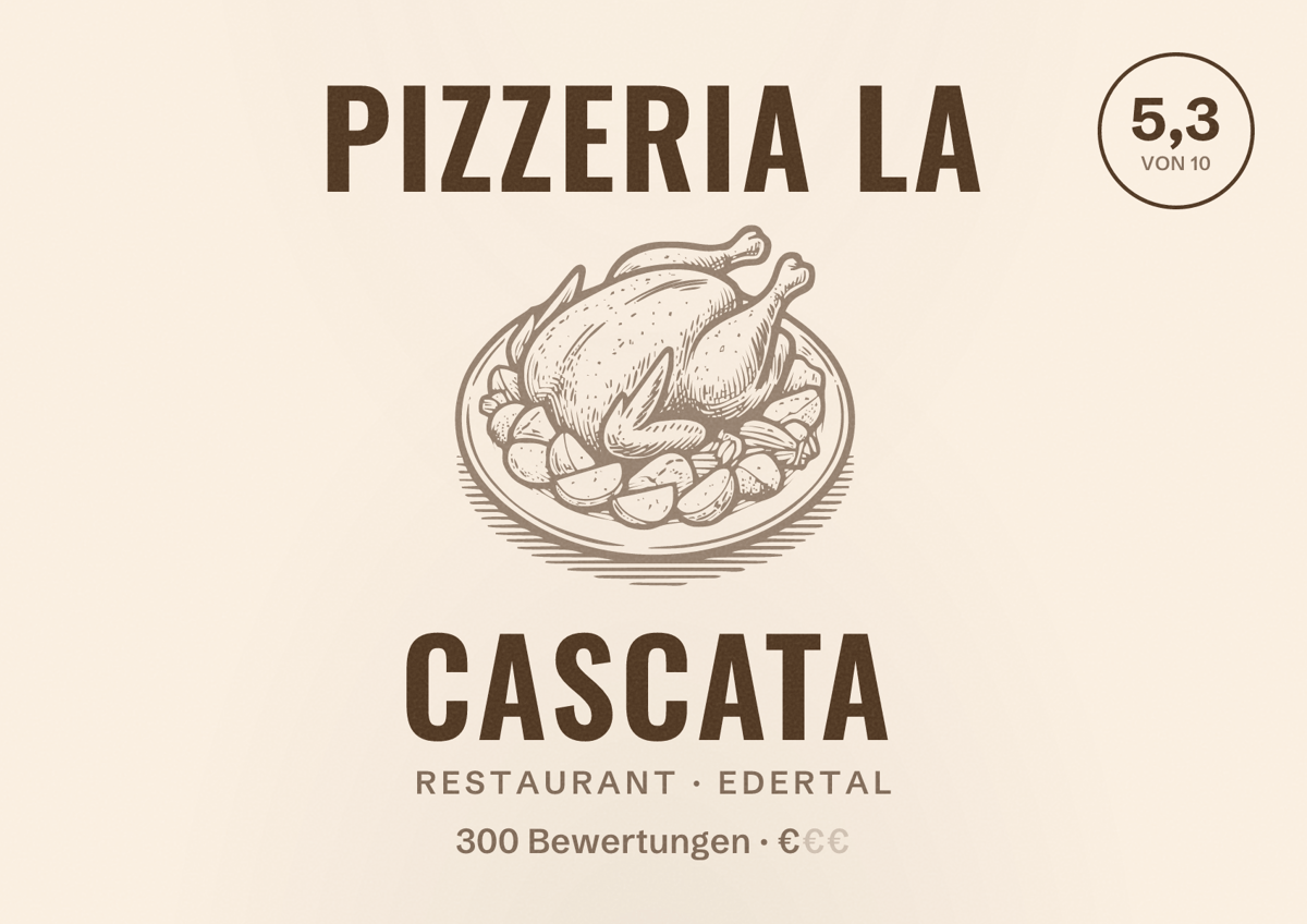 Illustriertes Poster von Pizzeria La Cascata, Restaurant in Edertal: Bewertung 5,3 von 10 aus 300 Bewertungen, Preisniveau €