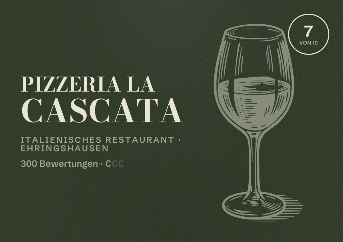 Illustriertes Poster von Pizzeria La Cascata, Italienisches Restaurant in Ehringshausen: Bewertung 7 von 10 aus 300 Bewertungen, Preisniveau €