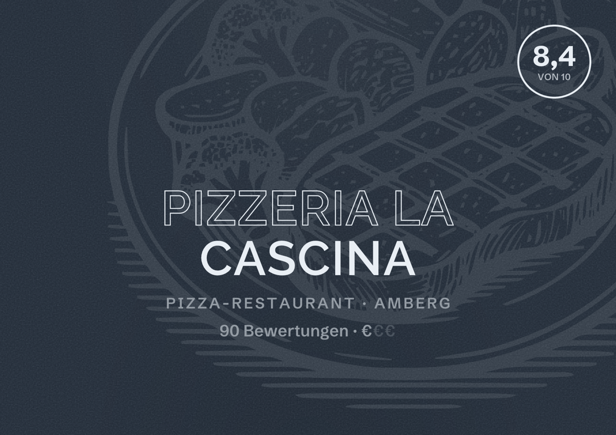 Illustriertes Poster von Pizzeria La Cascina, Pizza-Restaurant in Amberg: Bewertung 8,4 von 10 aus 90 Bewertungen, Preisniveau €