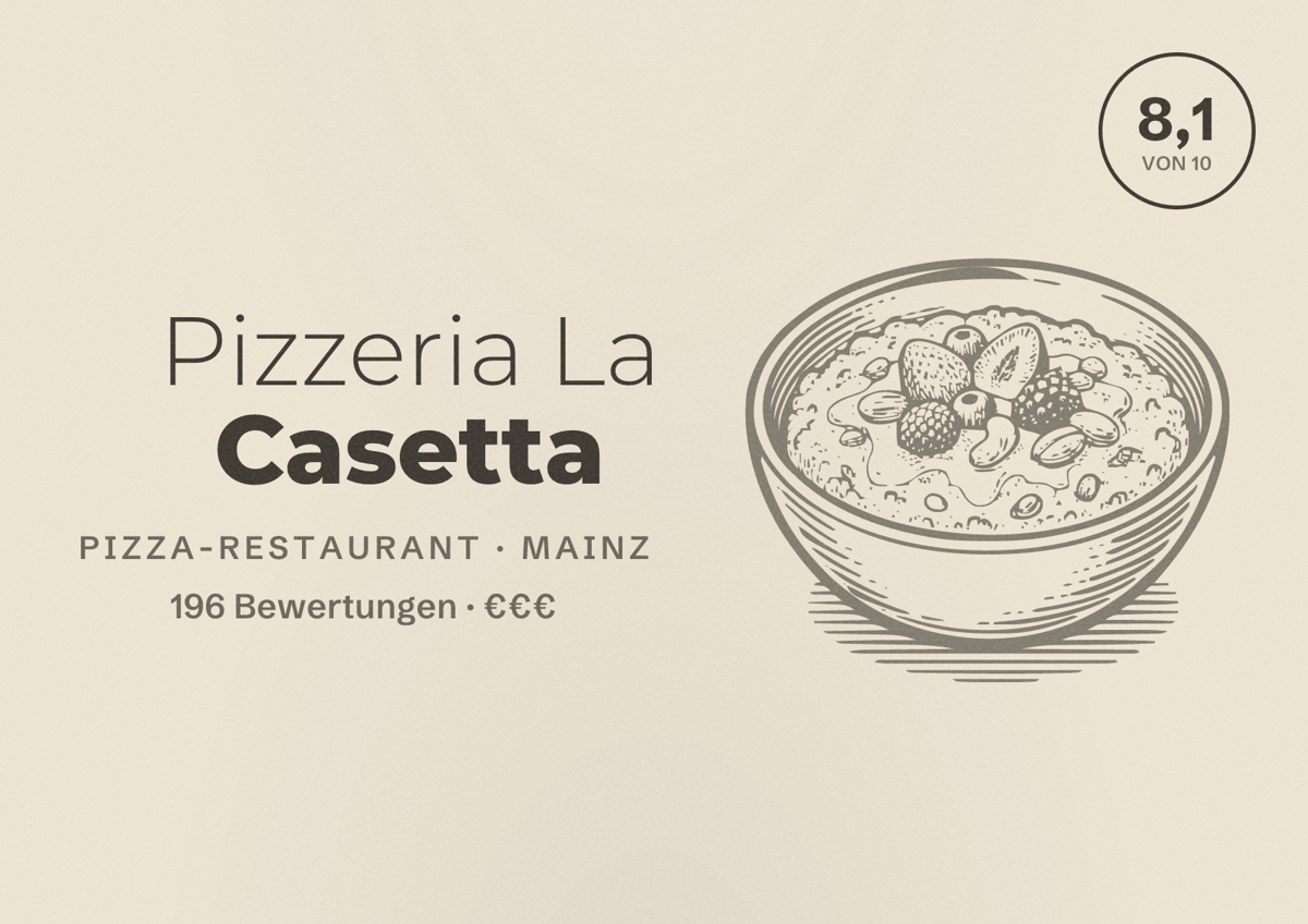 Illustriertes Poster von Pizzeria La Casetta, Pizza-Restaurant in Mainz: Bewertung 8,1 von 10 aus 196 Bewertungen, Preisniveau €€€