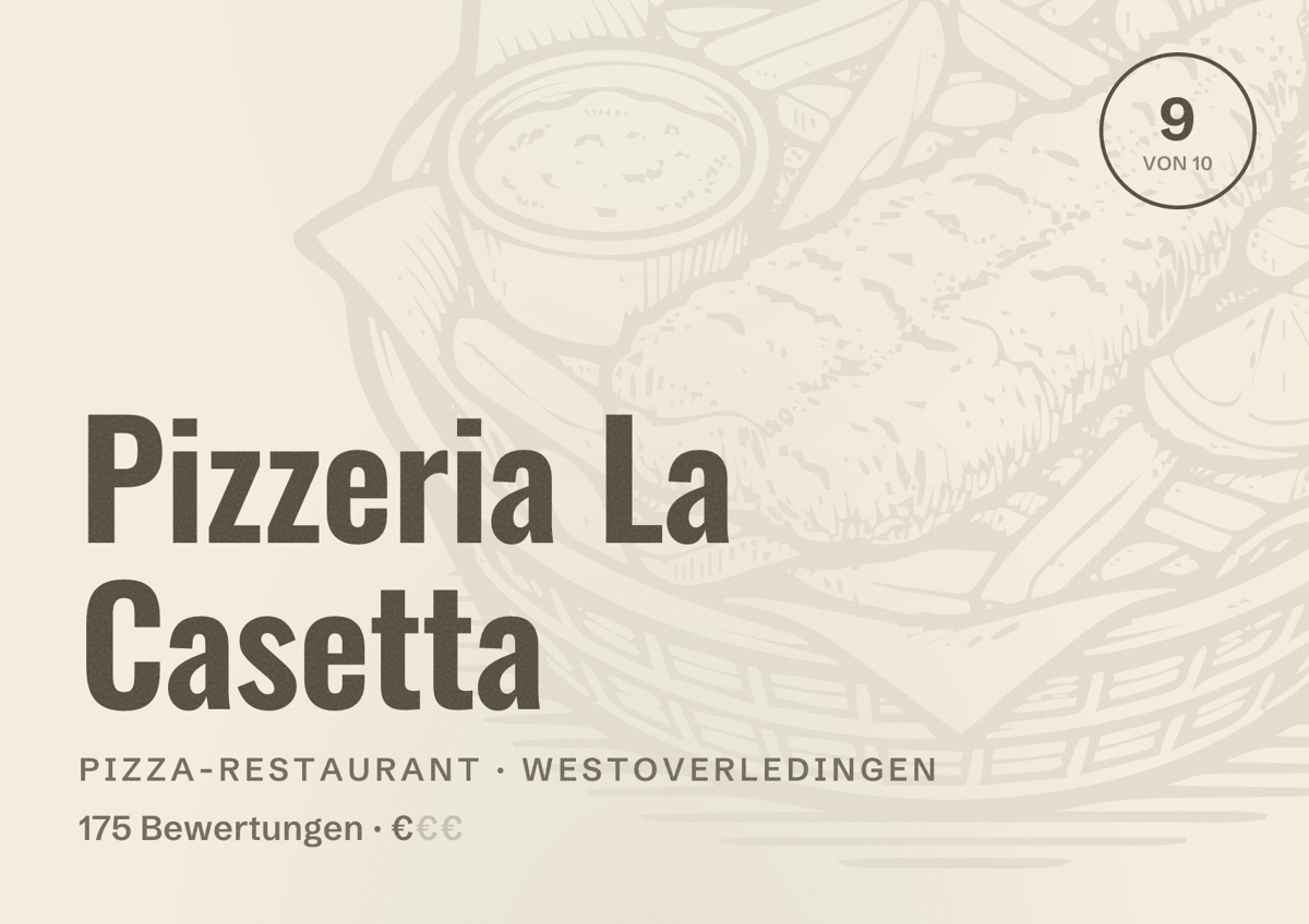 Illustriertes Poster von Pizzeria La Casetta, Pizza-Restaurant in Westoverledingen: Bewertung 9 von 10 aus 175 Bewertungen, Preisniveau €