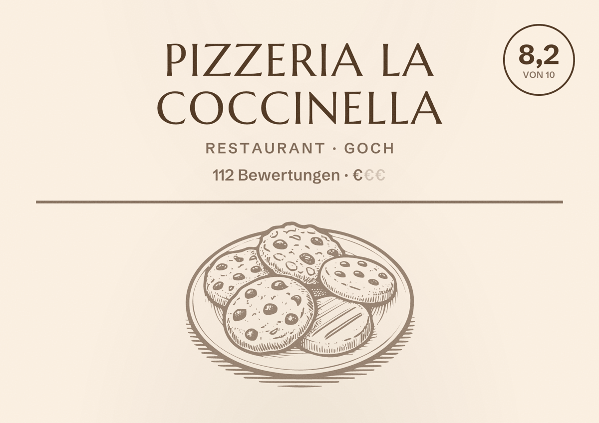 Illustriertes Poster von Pizzeria La Coccinella, Restaurant in Goch: Bewertung 8,2 von 10 aus 112 Bewertungen, Preisniveau €