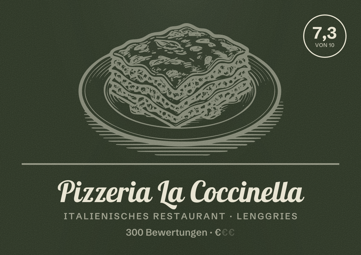 Illustriertes Poster von Pizzeria La Coccinella, Italienisches Restaurant in Lenggries: Bewertung 7,3 von 10 aus 300 Bewertungen, Preisniveau €