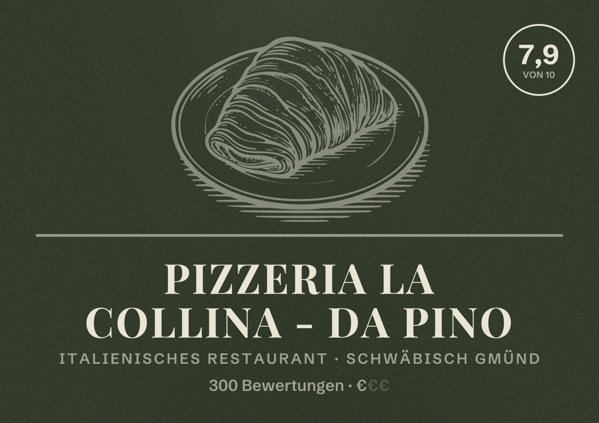 Illustriertes Poster von Pizzeria La Collina - Da Pino, Italienisches Restaurant in Schwäbisch Gmünd: Bewertung 7,9 von 10 aus 300 Bewertungen, Preisniveau €
