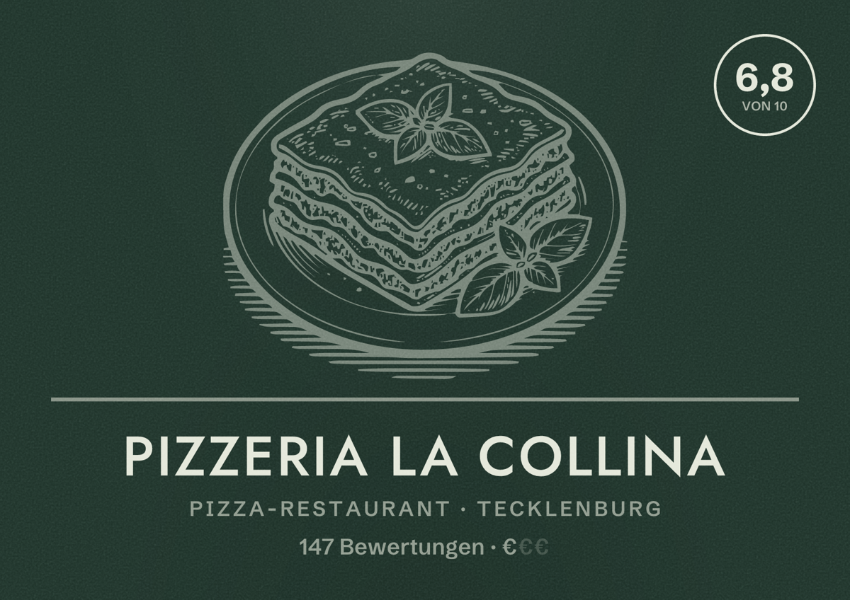 Illustriertes Poster von Pizzeria La Collina, Pizza-Restaurant in Tecklenburg: Bewertung 6,8 von 10 aus 147 Bewertungen, Preisniveau €