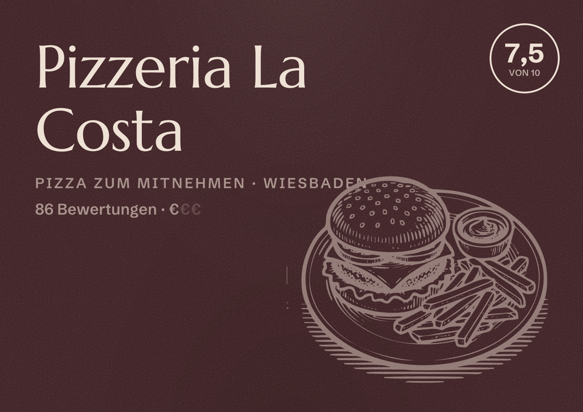 Illustriertes Poster von Pizzeria La Costa, Pizza zum Mitnehmen in Wiesbaden: Bewertung 7,5 von 10 aus 86 Bewertungen, Preisniveau €