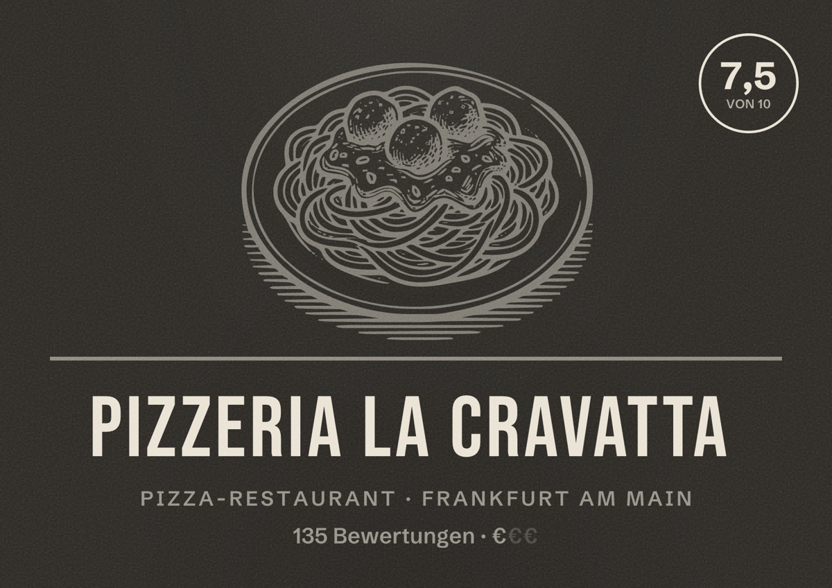 Illustriertes Poster von Pizzeria La Cravatta, Pizza-Restaurant in Frankfurt am Main: Bewertung 7,5 von 10 aus 135 Bewertungen, Preisniveau €