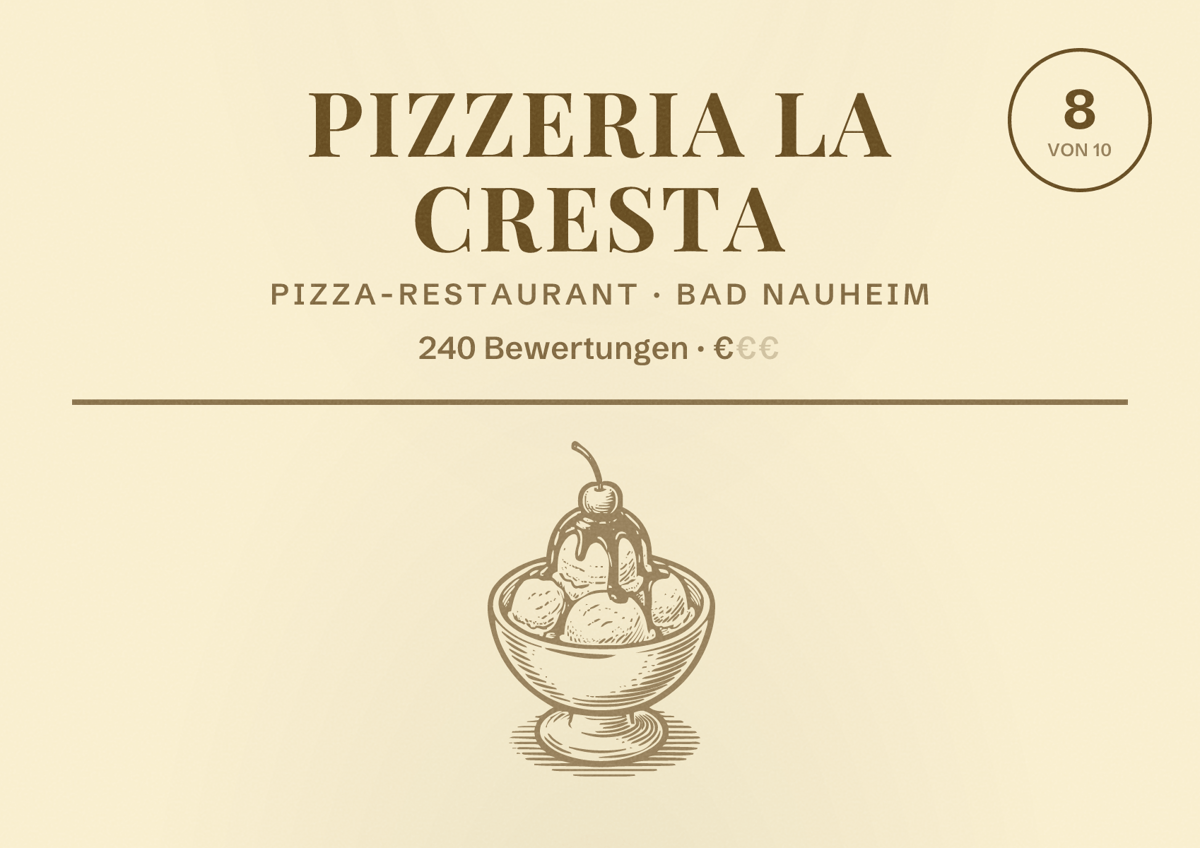 Illustriertes Poster von Pizzeria la Cresta, Pizza-Restaurant in Bad Nauheim: Bewertung 8 von 10 aus 240 Bewertungen, Preisniveau €