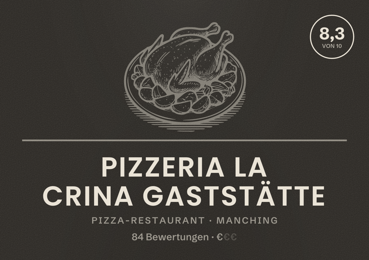 Illustriertes Poster von Pizzeria La Crina Gaststätte, Pizza-Restaurant in Manching: Bewertung 8,3 von 10 aus 84 Bewertungen, Preisniveau €