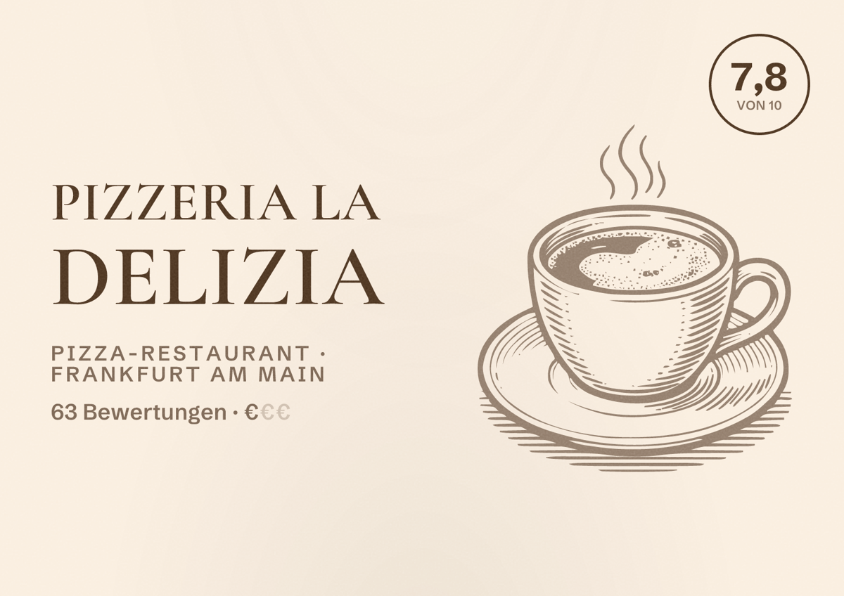 Illustriertes Poster von Pizzeria La Delizia, Pizza-Restaurant in Frankfurt am Main: Bewertung 7,8 von 10 aus 63 Bewertungen, Preisniveau €