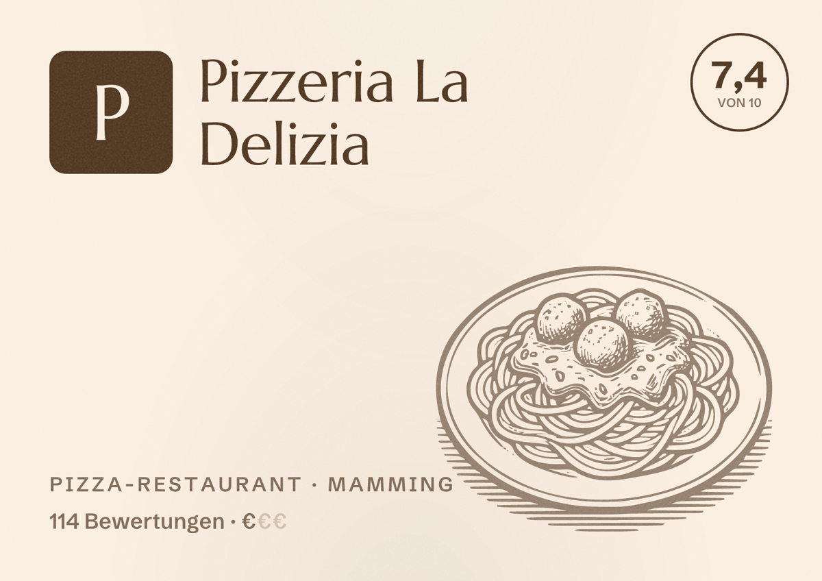 Illustriertes Poster von Pizzeria La Delizia, Pizza-Restaurant in Mamming: Bewertung 7,4 von 10 aus 114 Bewertungen, Preisniveau €