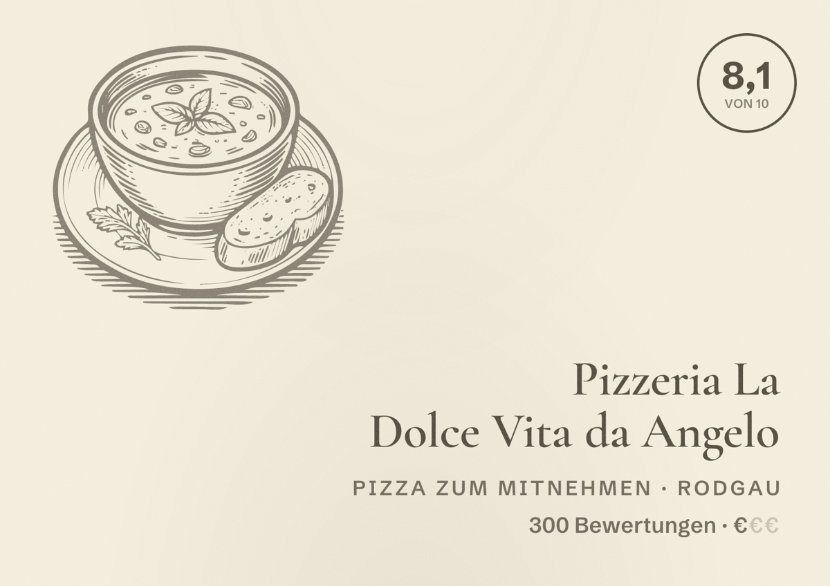 Illustriertes Poster von Pizzeria La Dolce Vita da Angelo, Pizza zum Mitnehmen in Rodgau: Bewertung 8,1 von 10 aus 300 Bewertungen, Preisniveau €