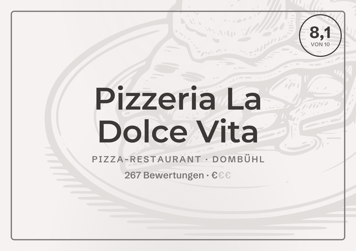 Illustriertes Poster von Pizzeria La Dolce Vita, Pizza-Restaurant in Dombühl: Bewertung 8,1 von 10 aus 267 Bewertungen, Preisniveau €