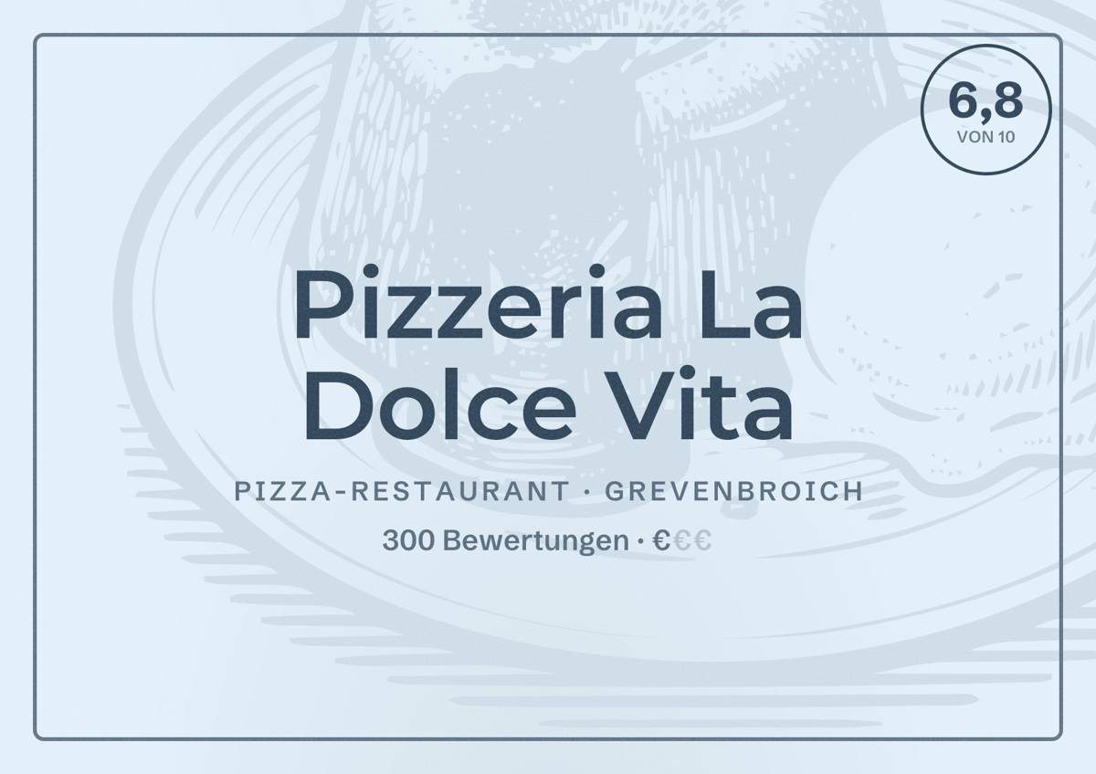 Illustriertes Poster von Pizzeria La Dolce Vita, Pizza-Restaurant in Grevenbroich: Bewertung 6,8 von 10 aus 300 Bewertungen, Preisniveau €